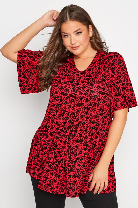 Plus Size  Curve Red Floral Pleated Swing Top