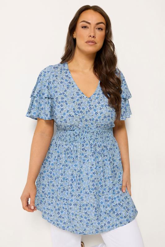  YOURS Curve Blue Ditsy Floral Flutter Sleeve Top