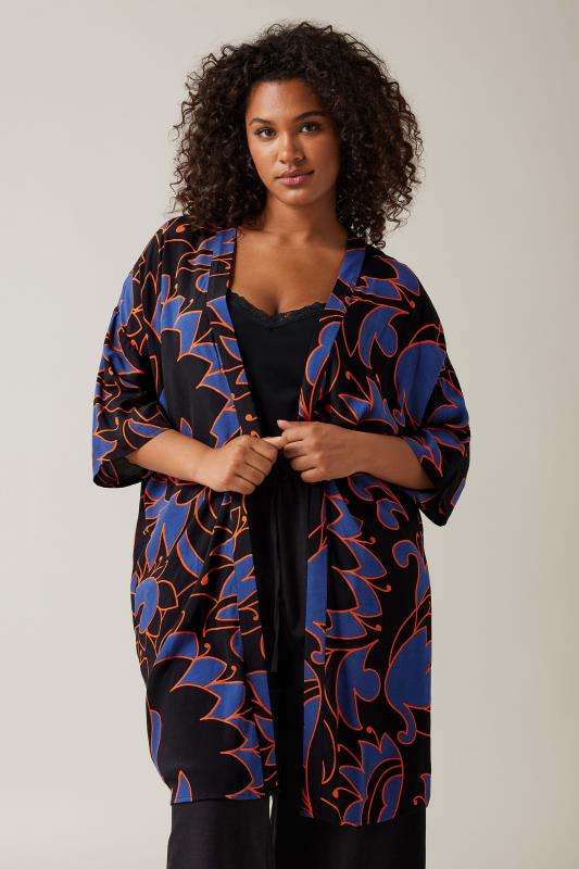 Plus Size  EVANS Curve Black Abstract Print Kimono