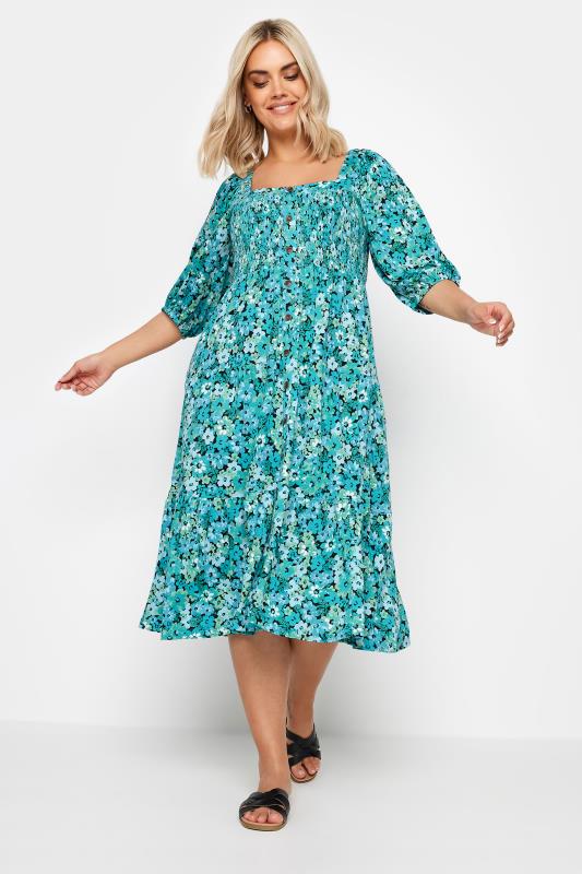 Plus Size  YOURS Curve Blue Floral Print Tiered Midi Dress