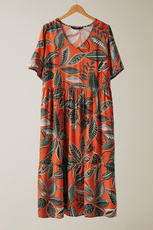 EVANS Plus Size Orange Leaf Print Linen Midi Dress | Evans 5