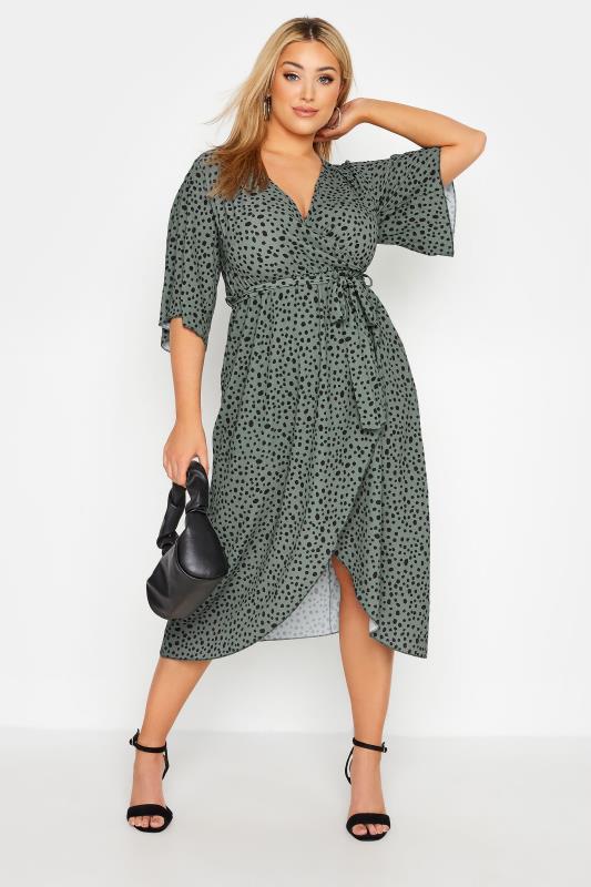 YOURS LONDON Plus Size Green Dalmatian Print Midi Wrap Dress | Yours Clothing 1