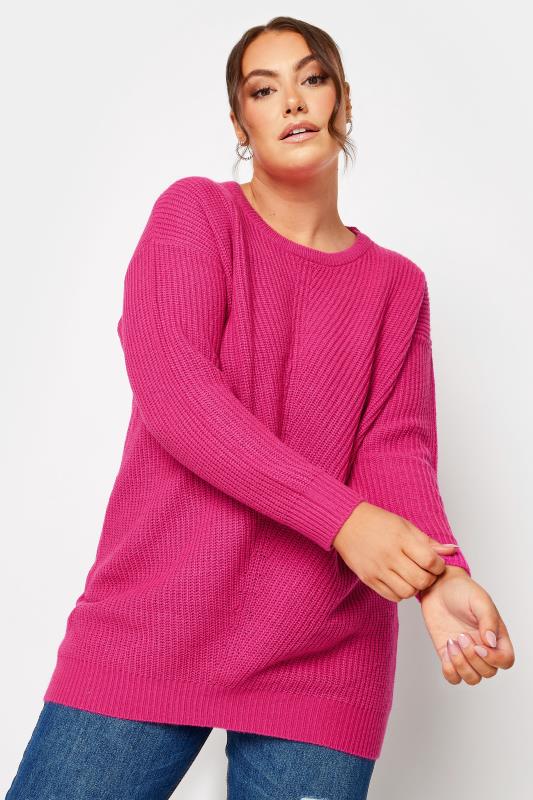 Plus Size Curve Hot Pink Essential Knitted Jumper | Yours Clothing 2