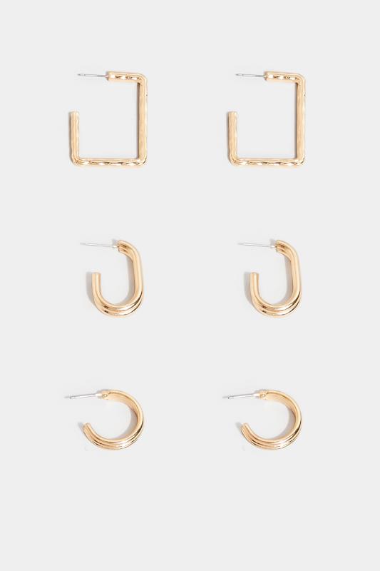 3 PACK  Gold Tone Textured Geometric Hoop Earrings | Yours Clothing 3