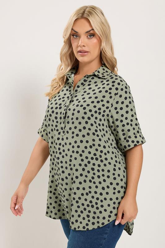  YOURS Curve Khaki Green Polka Dot Half Placket Shirt