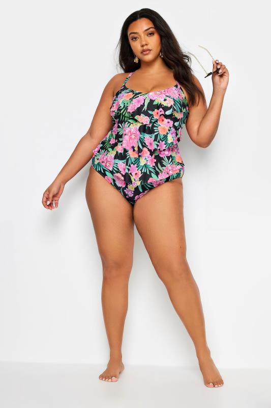 YOURS Plus Size Black Floral Print Frill Tummy Control Swimsuit | Yours Clothing 3