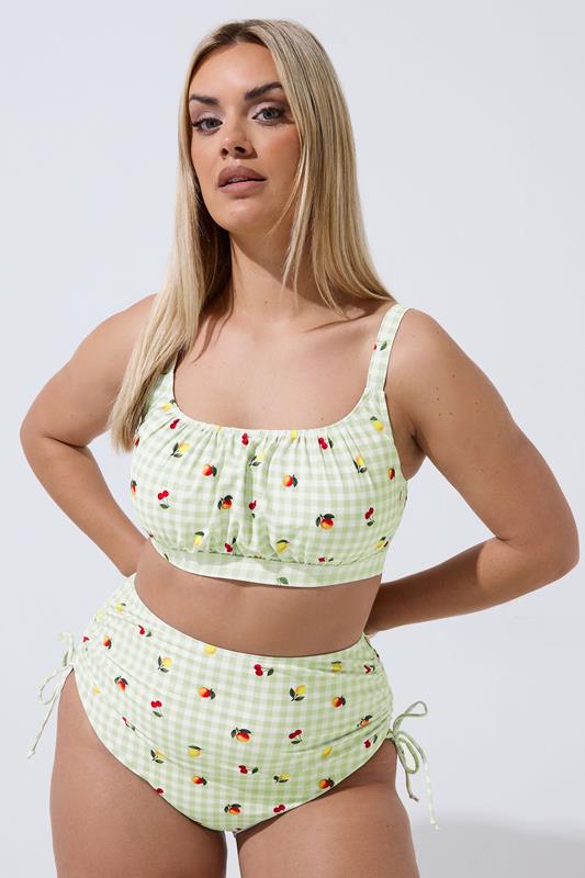 YOURS Plus Size Green Gingham Fruit Print Super High Waist Bikini Brief | Yours Clothing 1