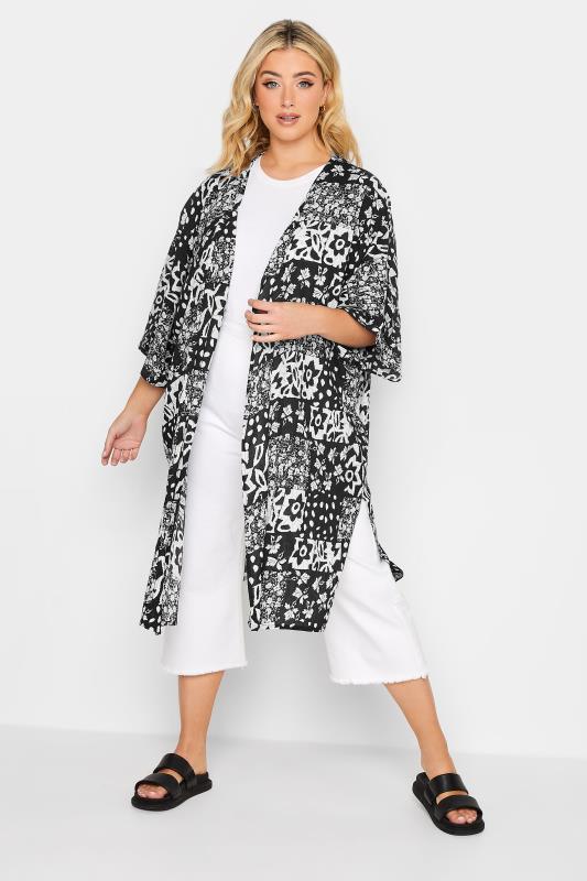  Grande Taille YOURS Curve Black Tropical Print Longline Kimono
