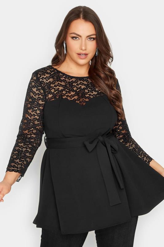  Grande Taille YOURS LONDON Curve Black Lace Sweetheart Peplum Top