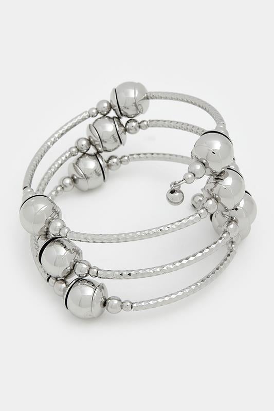  Silver Tone Bead Coil Stretch Bracelet