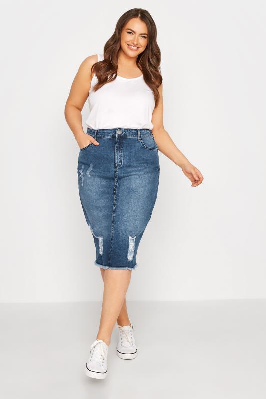 Plus Size Blue Denim Stretch Distressed Midi Skirt | Yours Clothing 2