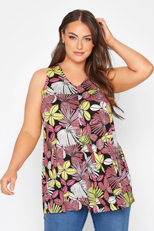 Plus Size Black Tropical Print Swing Vest Top | Yours Clothing 1