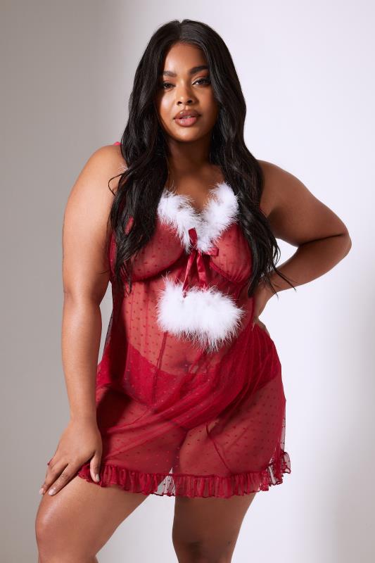  Tallas Grandes YOURS Curve Red Christmas Feather Trim Babydoll