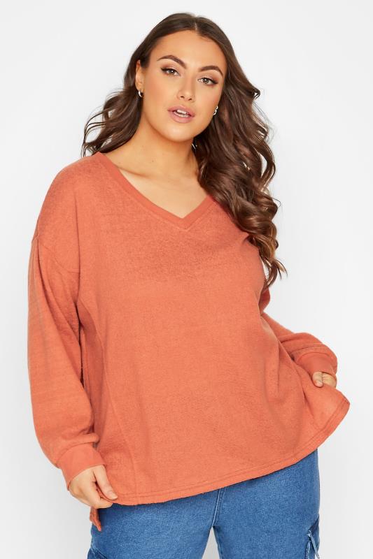 dla puszystych YOURS Curve Orange V-Neck Soft Touch Fleece Sweatshirt