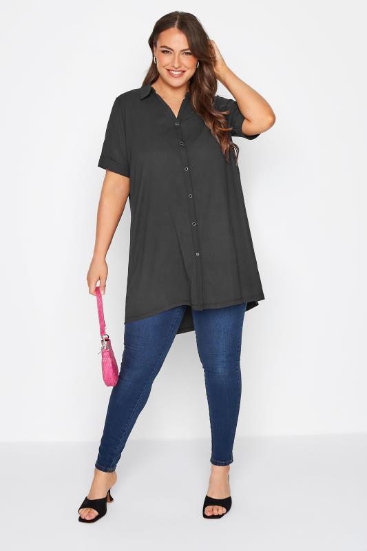 Plus Size Black Crinkle Button Through Shirt | Yours Clothing  2