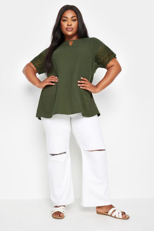 YOURS Plus Size Khaki Green Cheesecloth Crochet Top | Yours Clothing 2