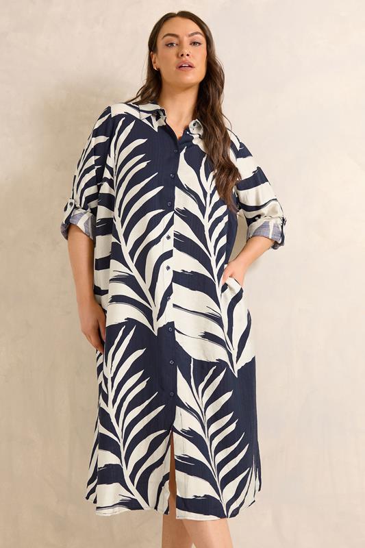 EVANS Plus Size Navy Blue Leaf Print Shirt Dress | Evans 2