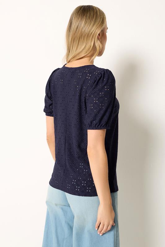 LTS Tall Women's Navy Blue Broderie Anglaise Puff Sleeve Top | Long Tall Sally 2