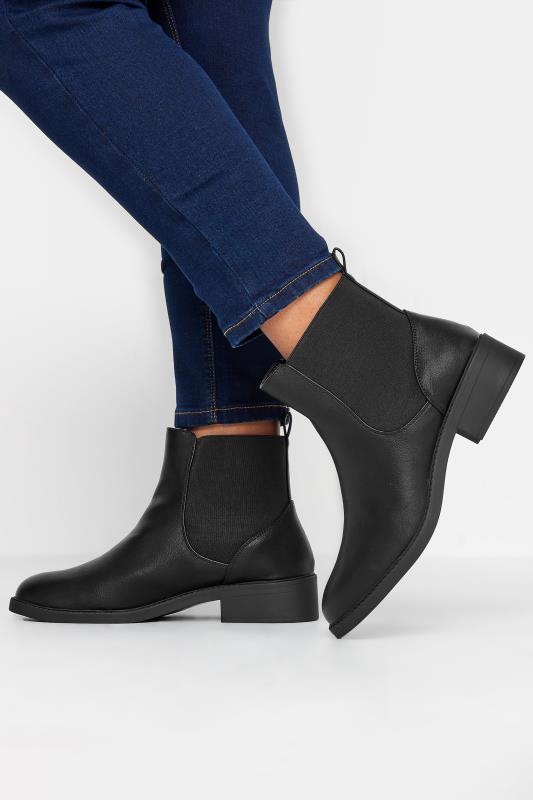  Grande Taille Black Faux Leather Elasticated Chelsea Boots In Wide E Fit & Extra Wide EEE Fit