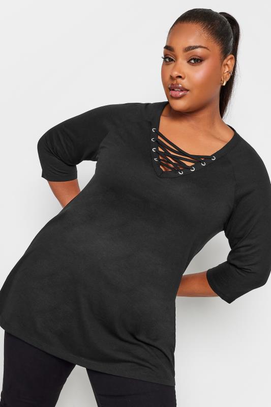 YOURS Plus Size Black Lace Up Eyelet Top | Yours Clothing 1