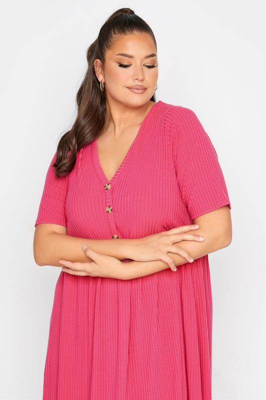 LIMITED COLLECTION Plus Size Hot Pink Ribbed Peplum Midi Dress | Yours Clothing  4