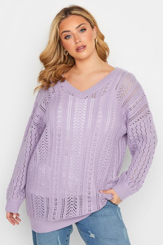 Plus Size  YOURS Curve Lilac Purple V-Neck Knitted Stitch Jumper