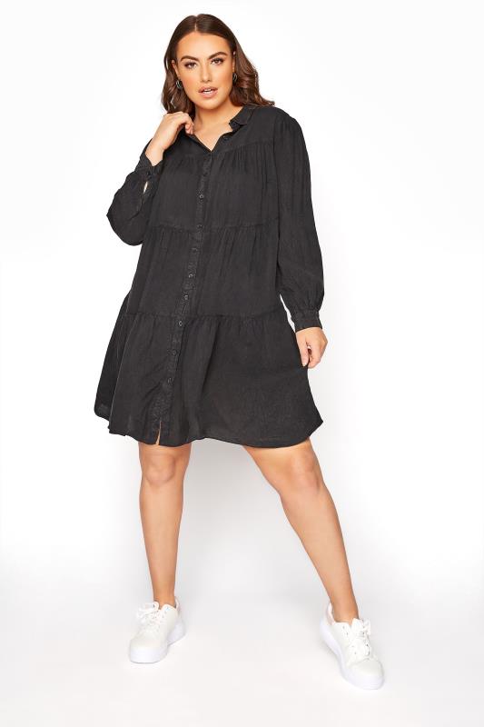 LIMITED COLLECTION Curve Black Washed Denim Look Tiered Shirt Dress 1