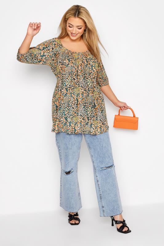 Plus Size Black & Orange Floral Print Bardot Top | Yours Clothing  2