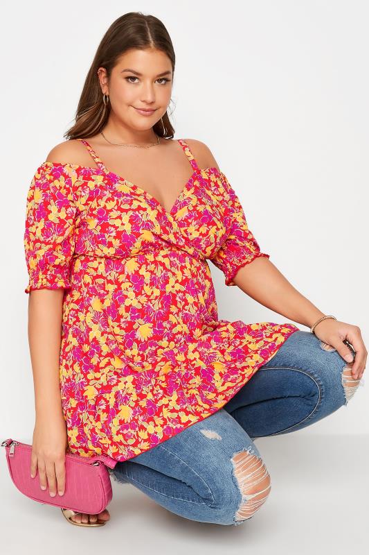 Plus Size Red Floral Cold Shoulder Top | Yours Clothing 2