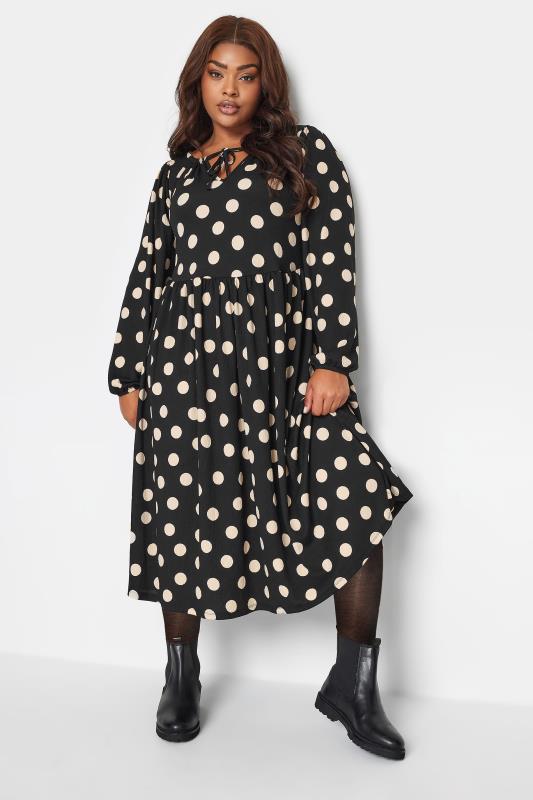 YOURS Plus Size Black Spot Print Textured Midaxi Dress | Yours Clothing 1