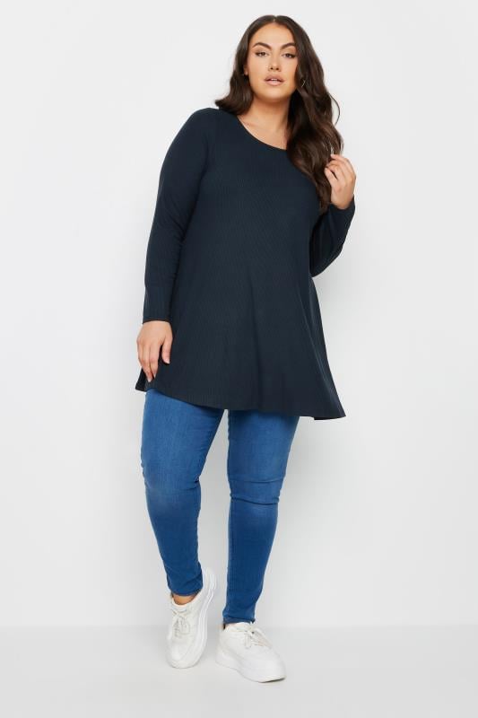 YOURS Plus Size Dark Blue Ribbed Swing Top | Yours Clothing 2