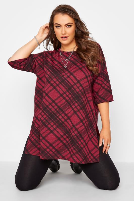 Curve Wine Red Check Print Oversized Top_A.jpg