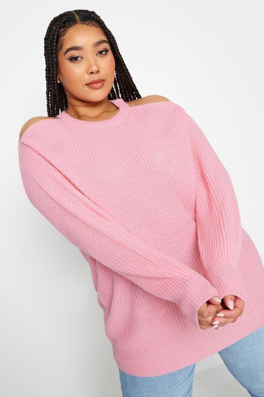 Plus Size  YOURS Curve Pink Cold Shoulder Knitted Jumper