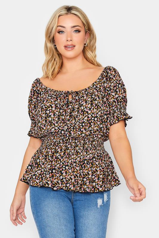 YOURS PETITE Plus Size Navy Blue Floral Bardot Top | Yours Clothing 1