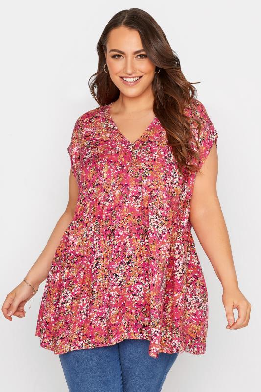 YOURS LONDON Curve Pink Floral Print Dipped Hem Top_A.jpg