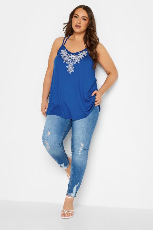 YOURS Plus Size Blue Embroidered Neck Vest Top | Yours Clothing 2