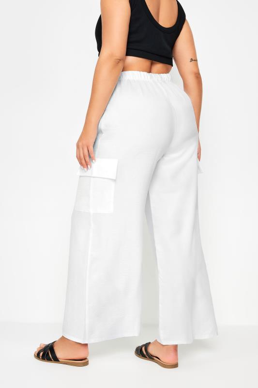 YOURS Plus Size Ivory White Linen Look Cargo Trousers | Yours Clothing 3