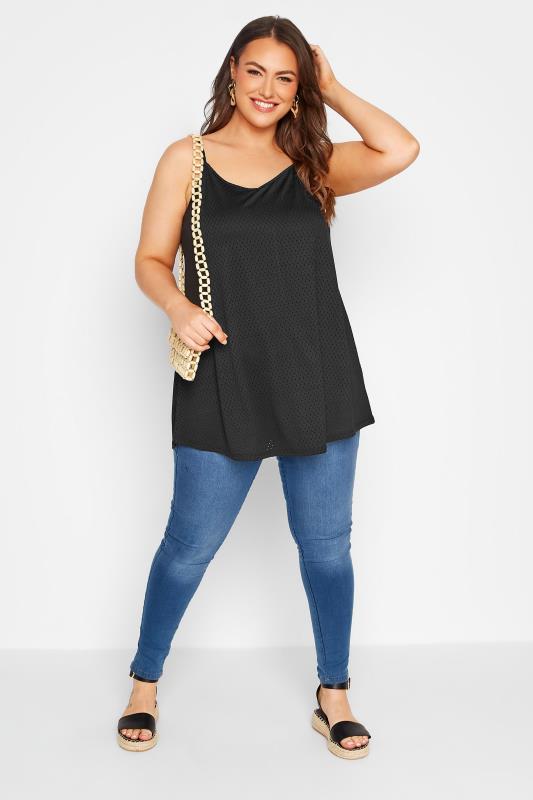 Plus Size Black Pointelle Strappy Vest | Yours Clothing 2