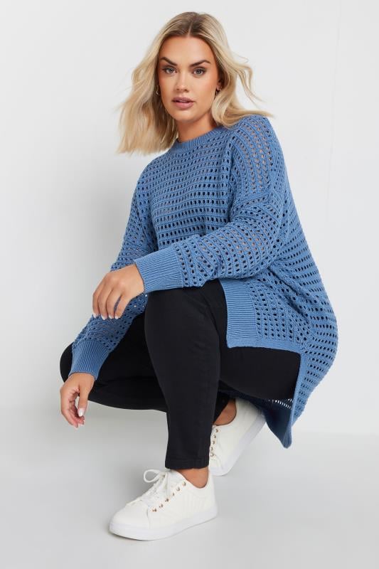 Plus Size  YOURS Curve Blue Side Split Crochet Jumper