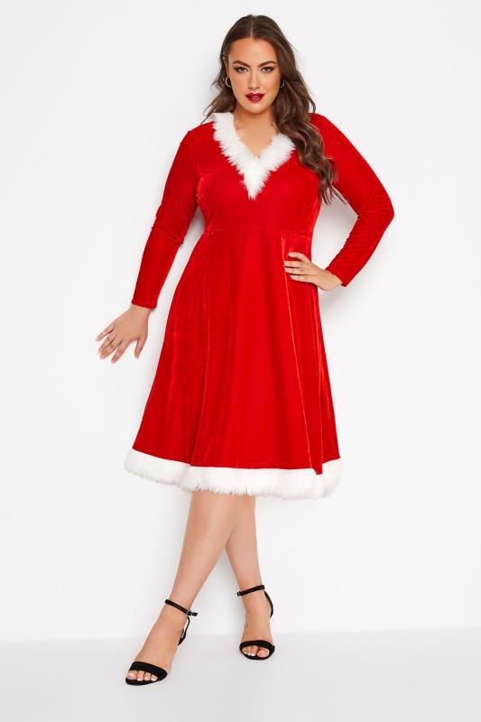 YOURS LONDON Curve Red Velvet Mrs Christmas Skater Dress 2