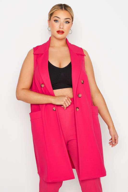 LIMITED COLLECTION Curve Hot Pink Button Front Sleeveless Blazer 1
