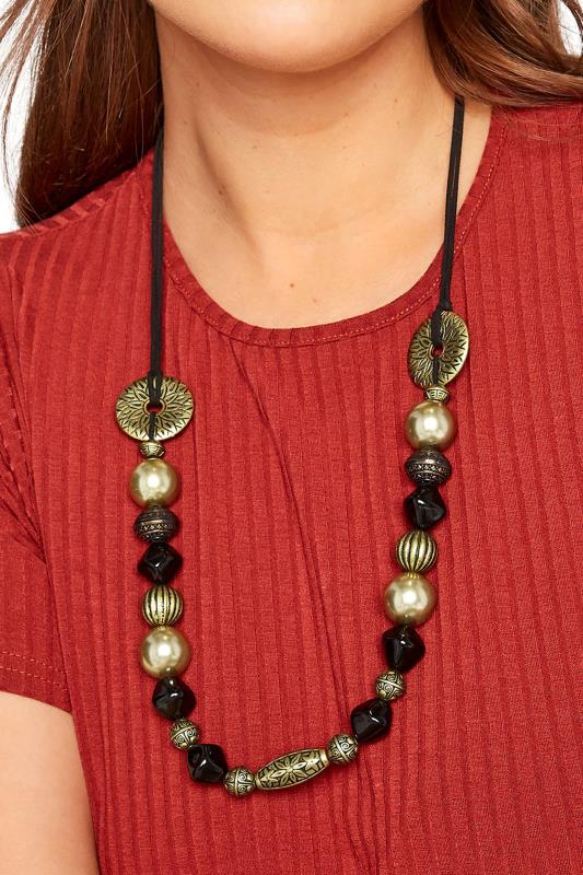 Black & Gold Mixed Bead Necklace | Yours Clothing 1