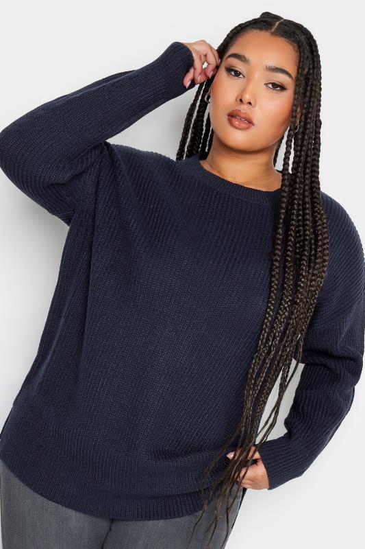 YOURS Plus Size Navy Blue Drop Shoulder Knitted Jumper | Yours Clothing 1