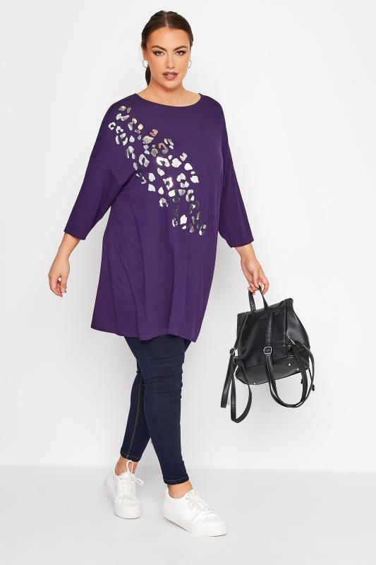 Plus Size LIMITED COLLECTION Purple Foil Leopard Print Oversized T-Shirt | Yours Clothing  2
