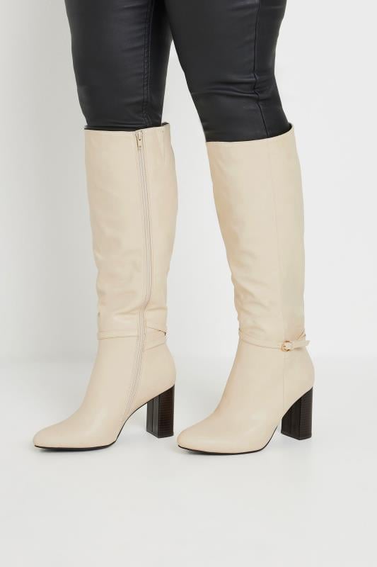 Cream Heeled Knee High Boot In Extra Wide EEE Fit | Yours Clothing 1