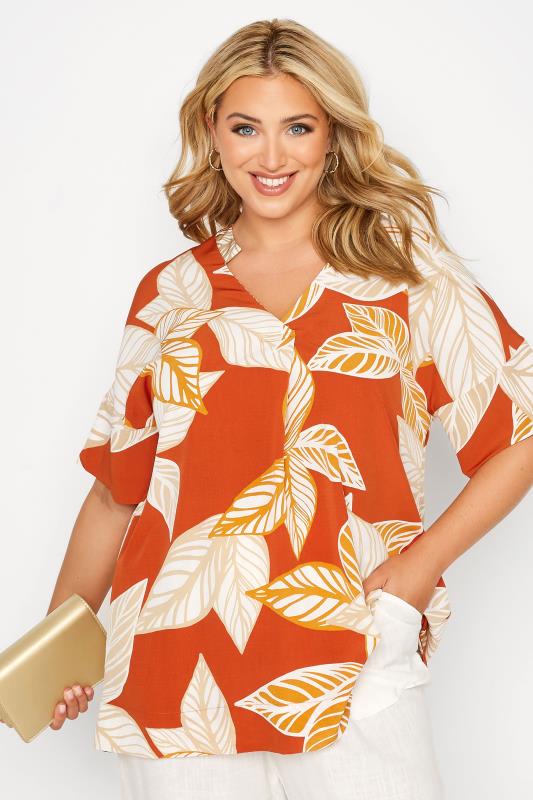 Plus Size Orange Leaf Print V-Neck Shirt | Yours Clothing  1