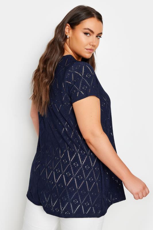 YOURS Plus Size Navy Blue Broderie Anglaise Swing T-Shirt | Yours Clothing 3
