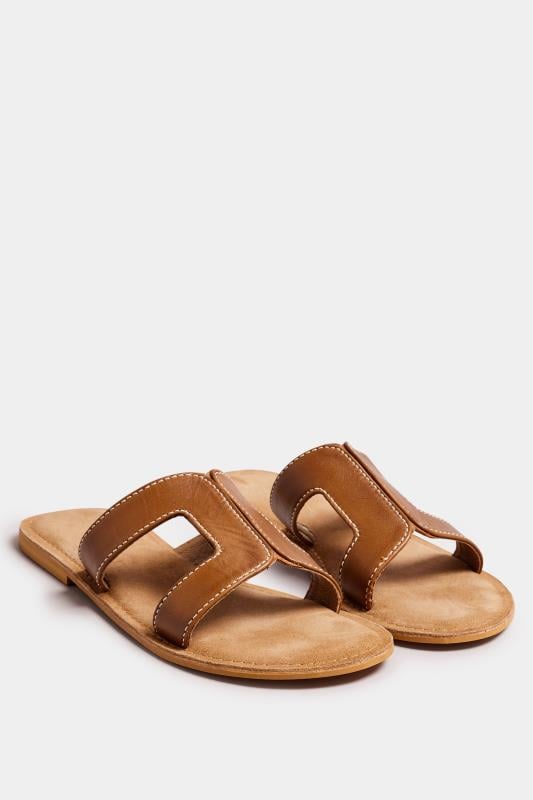 LTS Tan Brown Leather Cut Out Mule Sandals In Standard Fit | Long Tall Sally 2