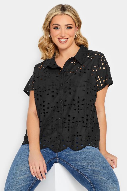 YOURS PETITE Plus Size Black Broderie Anglaise Short Sleeve Shirt | Yours Clothing 1