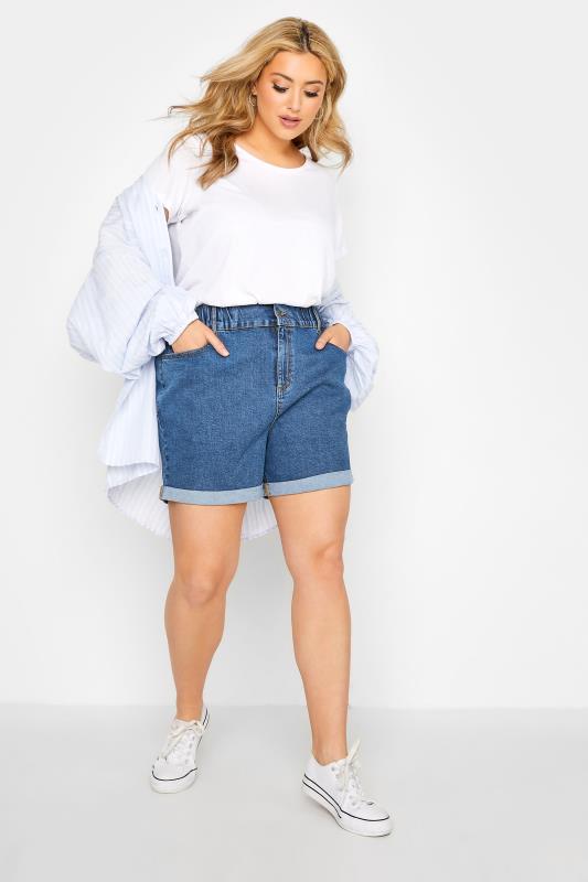 Plus Size Mid Blue Elasticated Waist Mom Denim Shorts | Yours Clothing 2